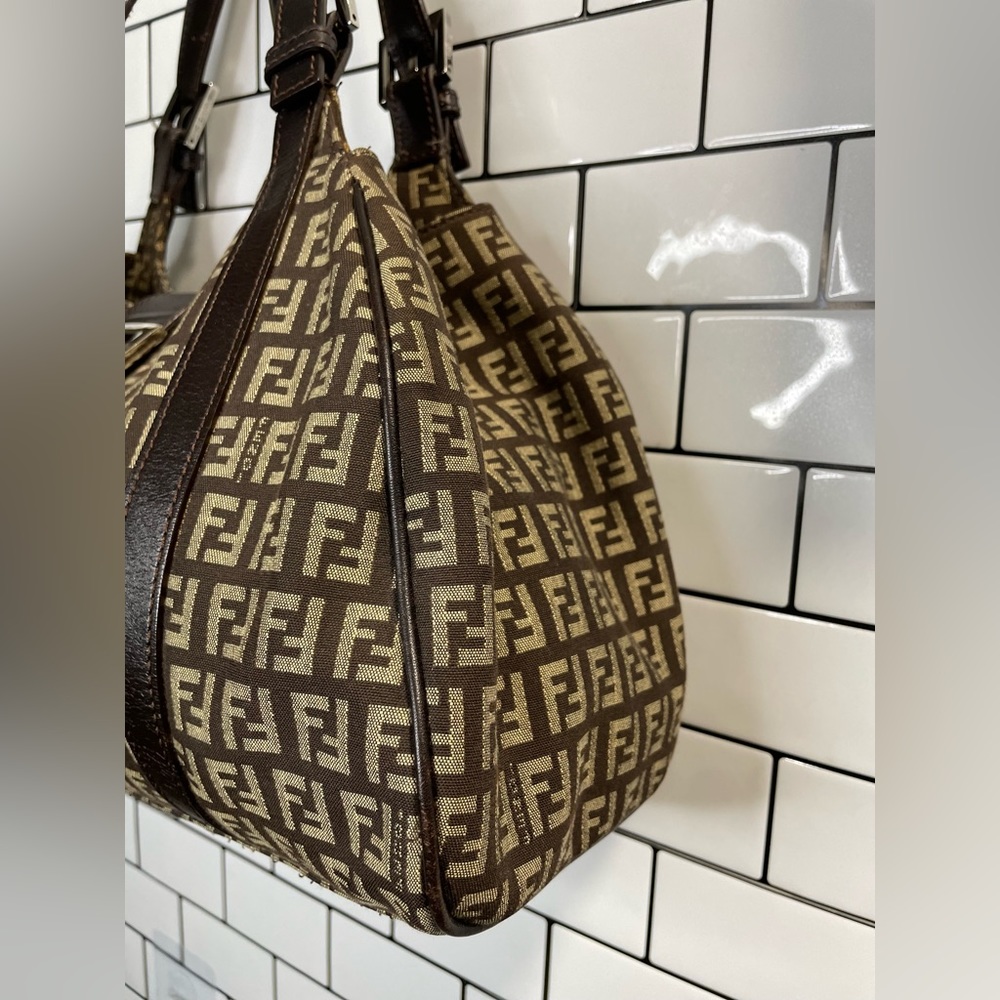 Vintage Fendi Brown Zucchino Canvas and Leather Borsa Piccola Satchel - Picture 14 of 16